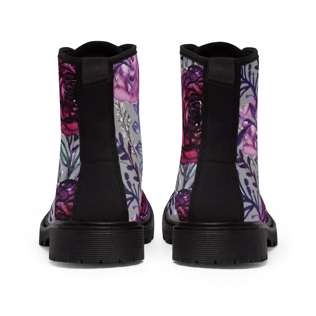 Grey Purple Rose Women's Boots, Best Vintage Style Premium Quality Winter Boots For Ladies