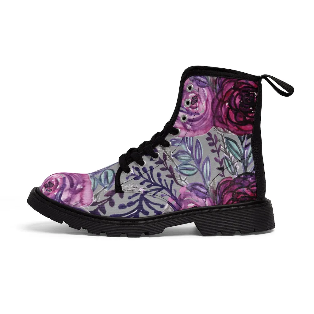 Grey Purple Rose Women's Boots, Best Vintage Style Premium Quality Winter Boots For Ladies