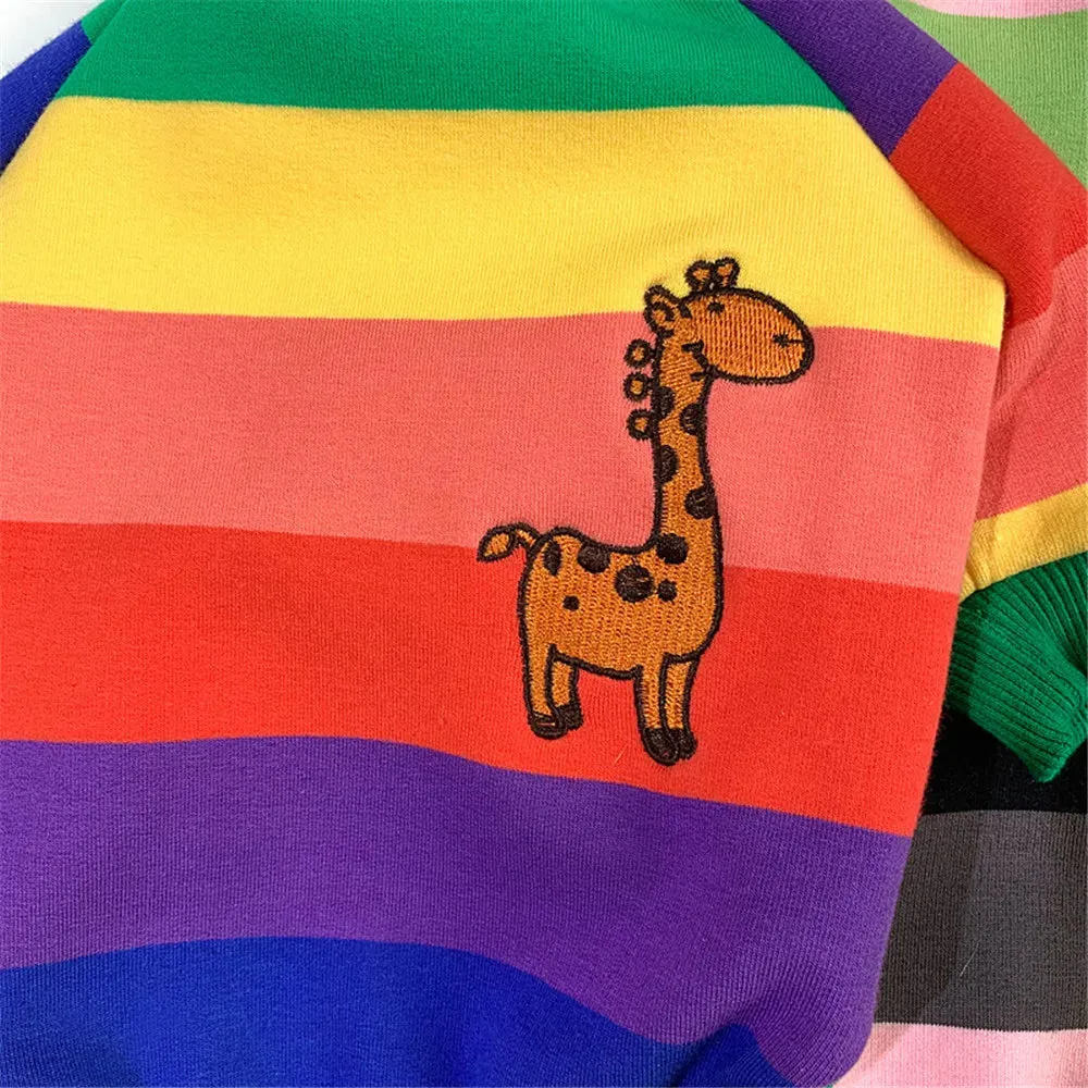 Matching Family Clothes For Pet And Owner Rainbow Stripes With Cartoon Giraffe