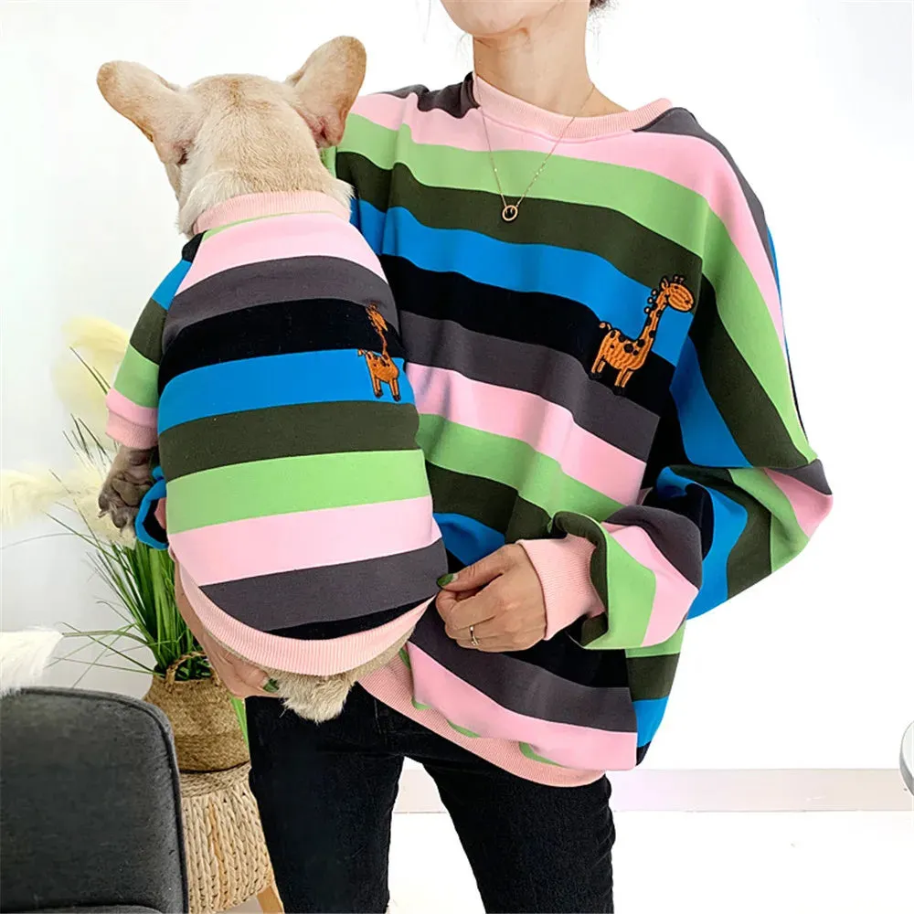 Matching Family Clothes For Pet And Owner Rainbow Stripes With Cartoon Giraffe