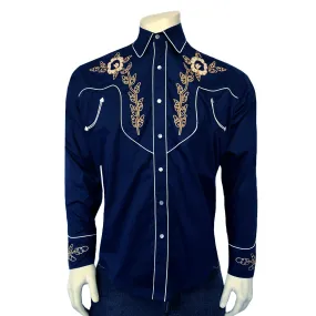Men's Navy Vintage Floral Embroidered Western Shirt