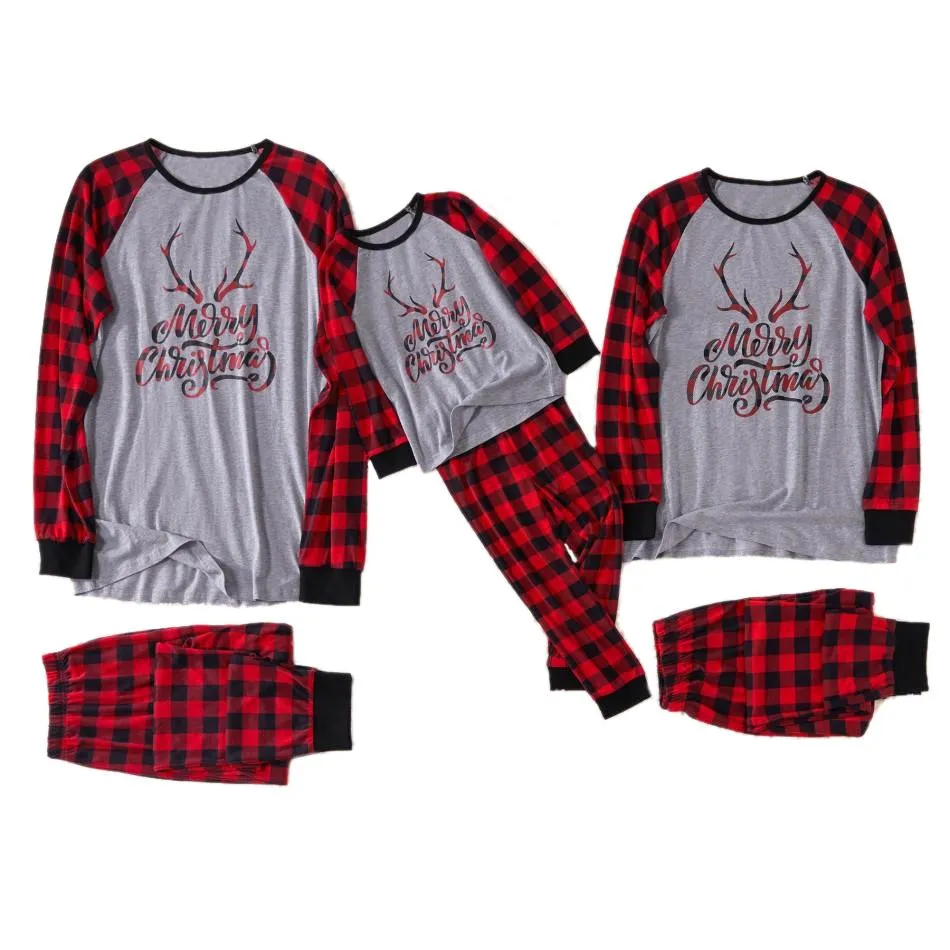 Merry Christmas Antler Contrast top and Plaid Pants Family Matching Pajamas Set