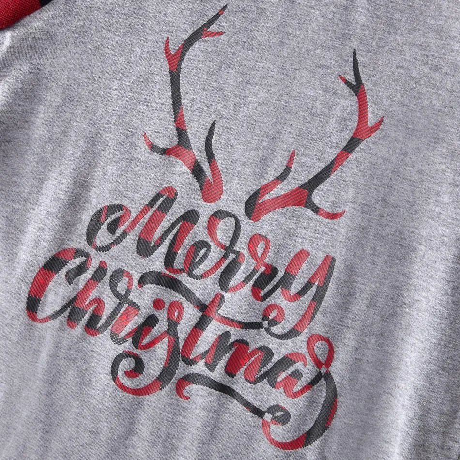 Merry Christmas Antler Contrast top and Plaid Pants Family Matching Pajamas Set
