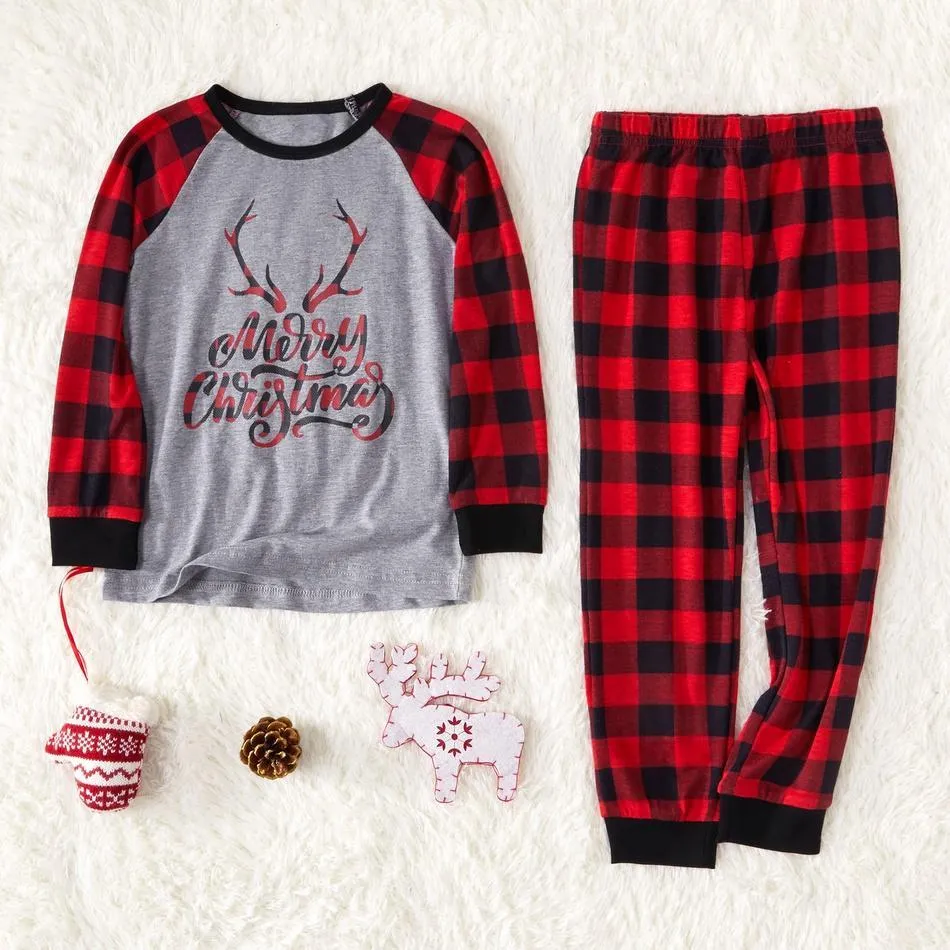 Merry Christmas Antler Contrast top and Plaid Pants Family Matching Pajamas Set