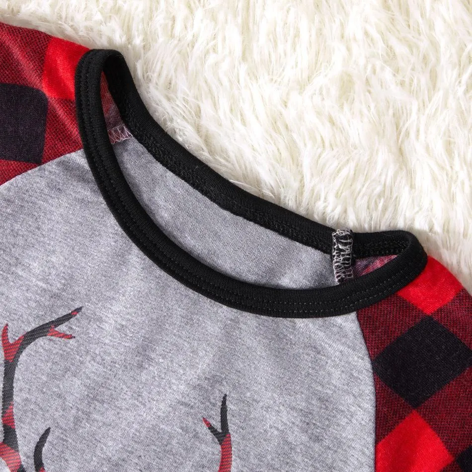 Merry Christmas Antler Contrast top and Plaid Pants Family Matching Pajamas Set