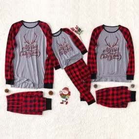 Merry Christmas Antler Contrast top and Plaid Pants Family Matching Pajamas Set