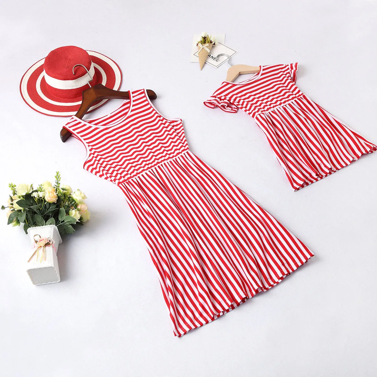 Mommy and Me-Mother Daughter Dresses Family Look Matching Outfits Summer Striped Dress