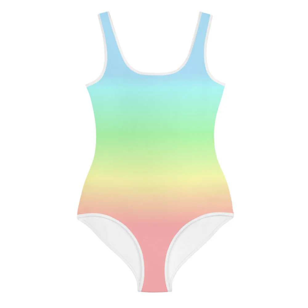 Pastel Rainbow Girls Swimsuits, Colorful Ombre Tie Dye Kids Jr Junior Tween Teen One Piece Bathing Suit Young Swimwear