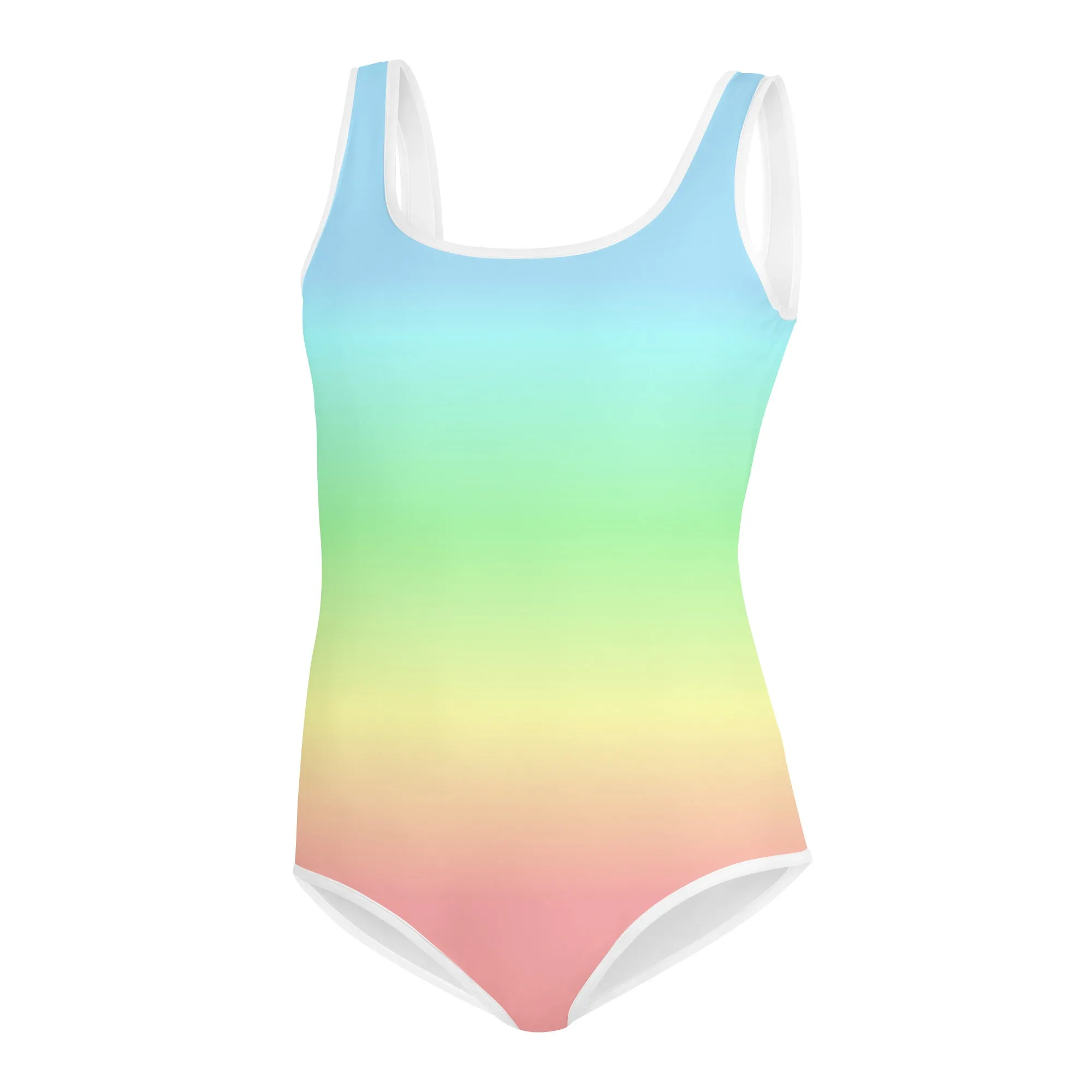 Pastel Rainbow Girls Swimsuits, Colorful Ombre Tie Dye Kids Jr Junior Tween Teen One Piece Bathing Suit Young Swimwear