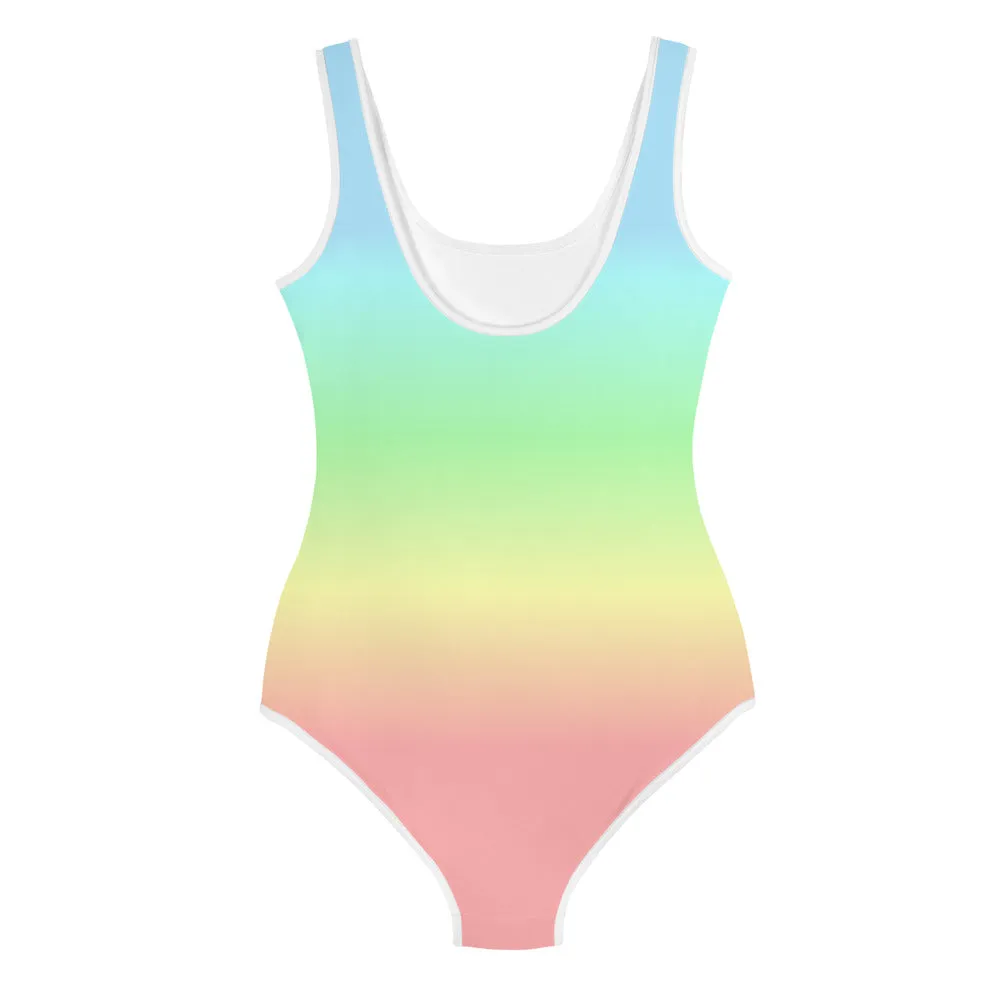 Pastel Rainbow Girls Swimsuits, Colorful Ombre Tie Dye Kids Jr Junior Tween Teen One Piece Bathing Suit Young Swimwear