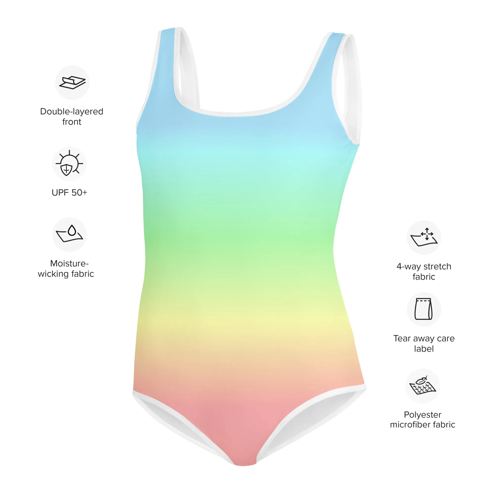 Pastel Rainbow Girls Swimsuits, Colorful Ombre Tie Dye Kids Jr Junior Tween Teen One Piece Bathing Suit Young Swimwear