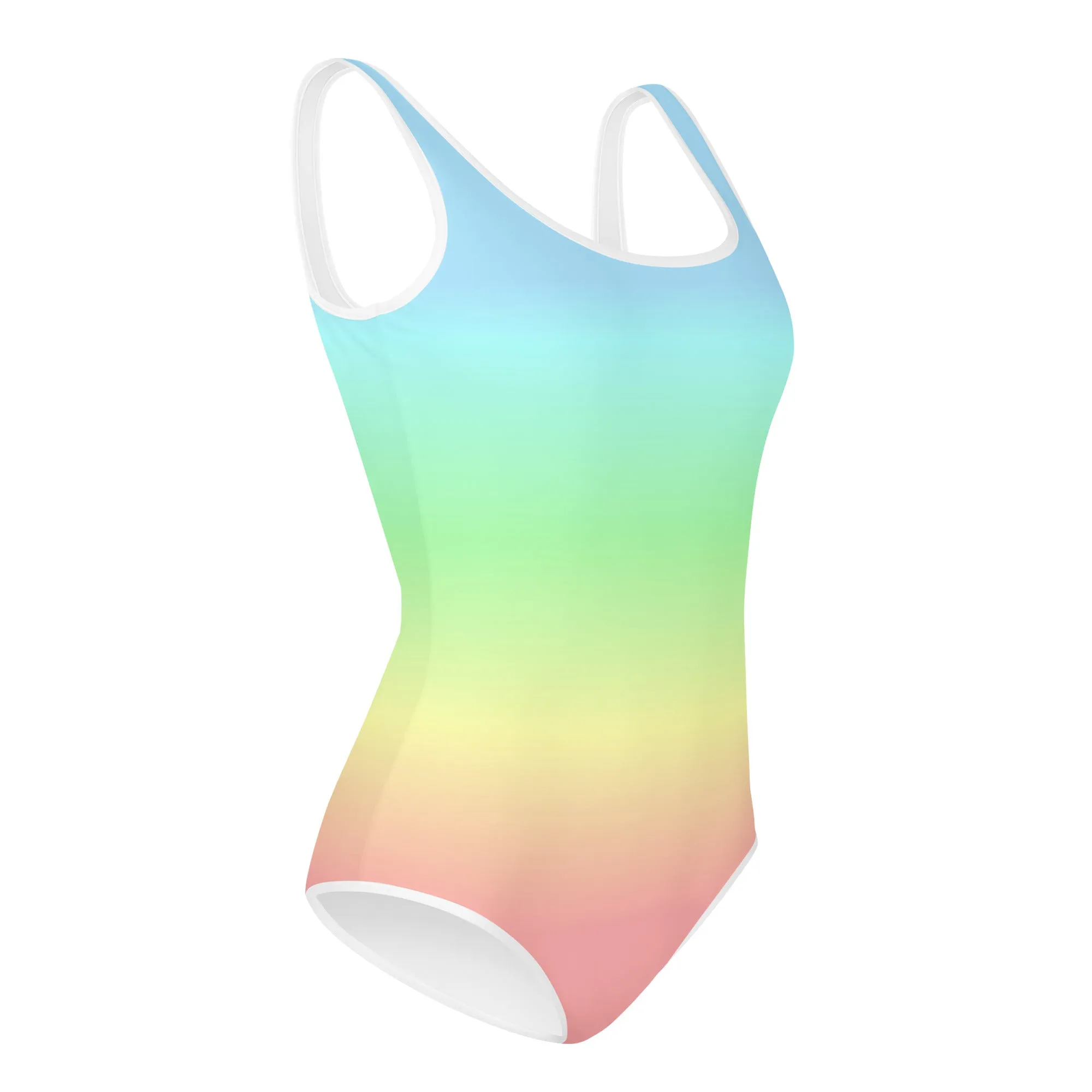 Pastel Rainbow Girls Swimsuits, Colorful Ombre Tie Dye Kids Jr Junior Tween Teen One Piece Bathing Suit Young Swimwear