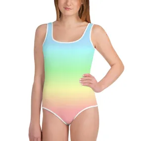 Pastel Rainbow Girls Swimsuits, Colorful Ombre Tie Dye Kids Jr Junior Tween Teen One Piece Bathing Suit Young Swimwear