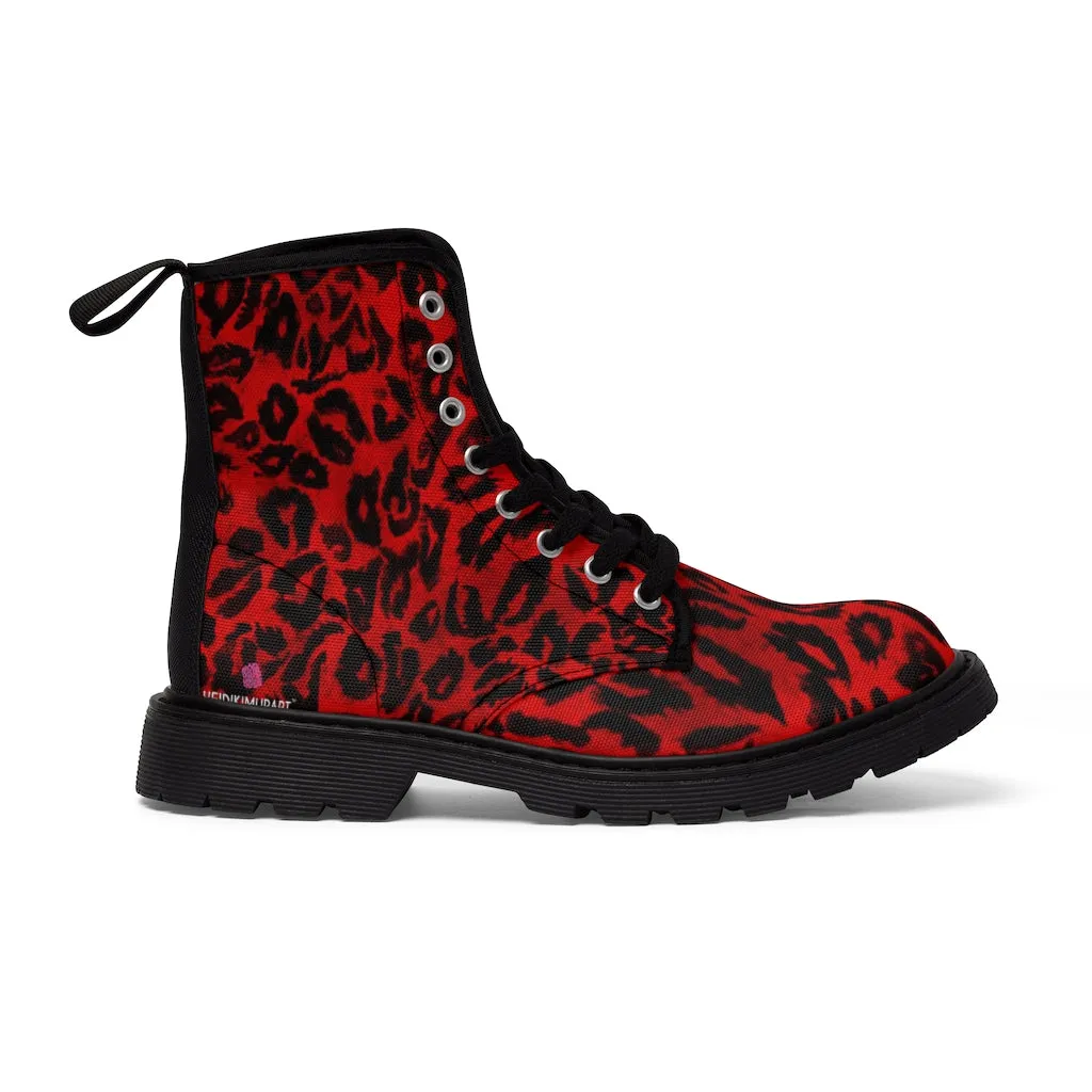 Red Leopard Women's Canvas Boots, Best Red Leopard Animal Print Winter Boots For Ladies
