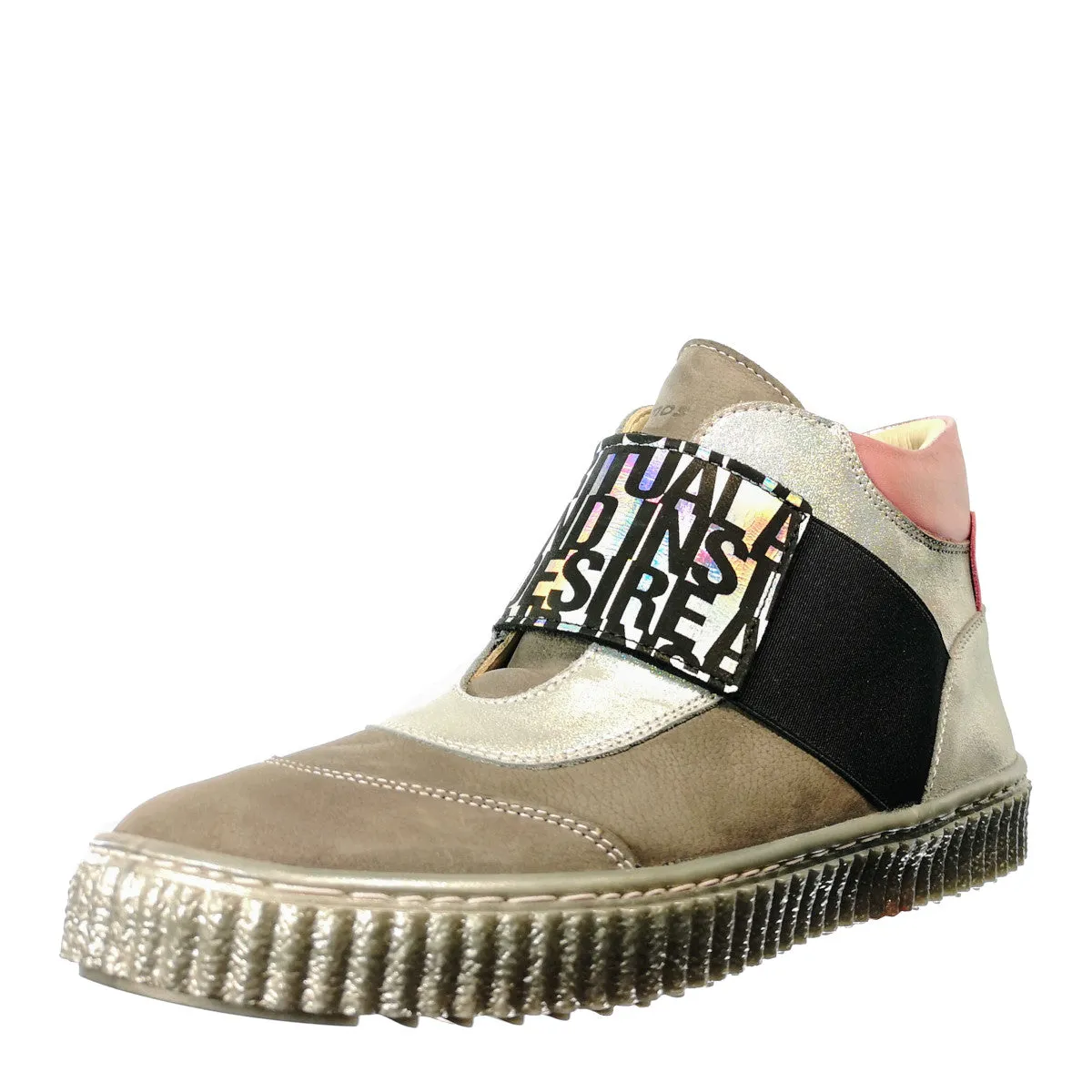 Szamos kid girl high-top shoes grey and pink with wide shiny graphic strechy strap and side zipper little kid/big kid size