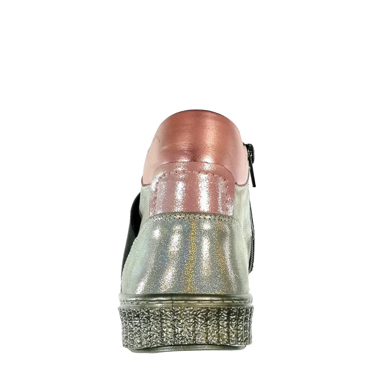 Szamos kid girl high-top shoes grey and pink with wide shiny graphic strechy strap and side zipper little kid/big kid size