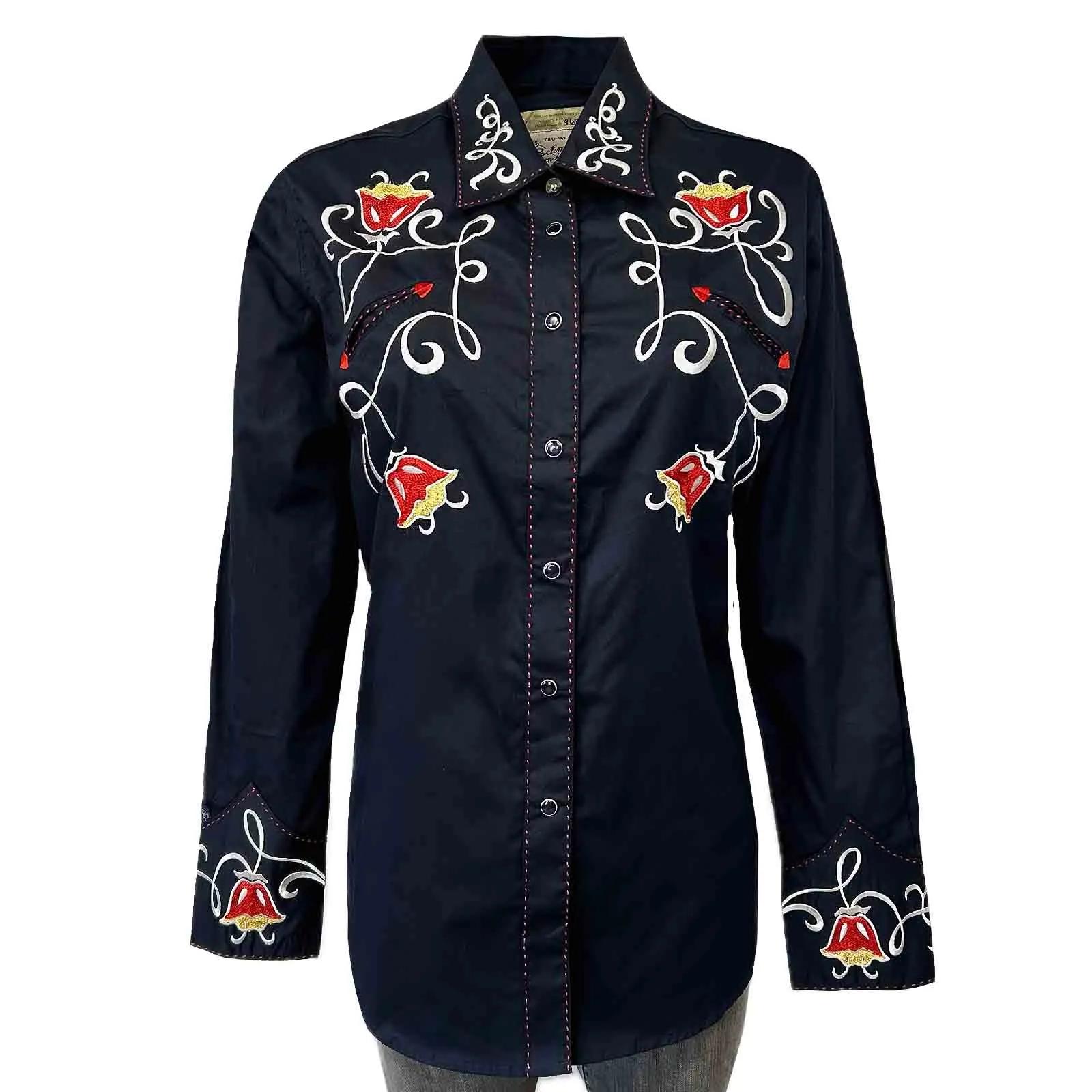 Women's Navy Art Deco Floral Embroidered Western Shirt