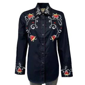 Women's Navy Art Deco Floral Embroidered Western Shirt