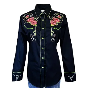 Women's Vinatge Black Steer Longhorn & Floral Embroidered Western Shirt Women's Vinatge Black Steer Longhorn & Floral Embroidered Western Shirt