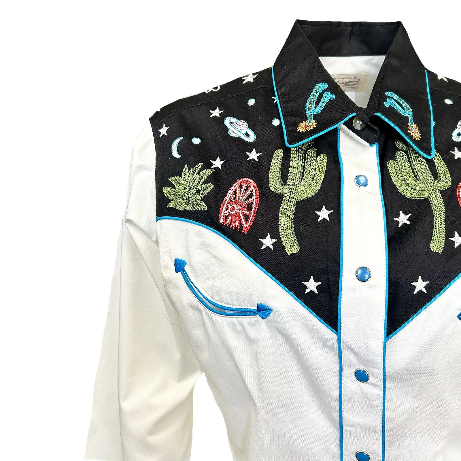 Women's Vintage Black Cactus & Stars Chain Stitch Embroidered Western Shirt