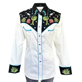Women's Vintage Black Cactus & Stars Chain Stitch Embroidered Western Shirt