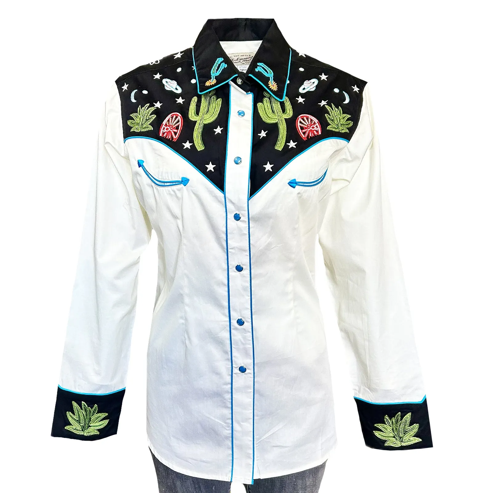 Women's Vintage Black Cactus & Stars Chain Stitch Embroidered Western Shirt