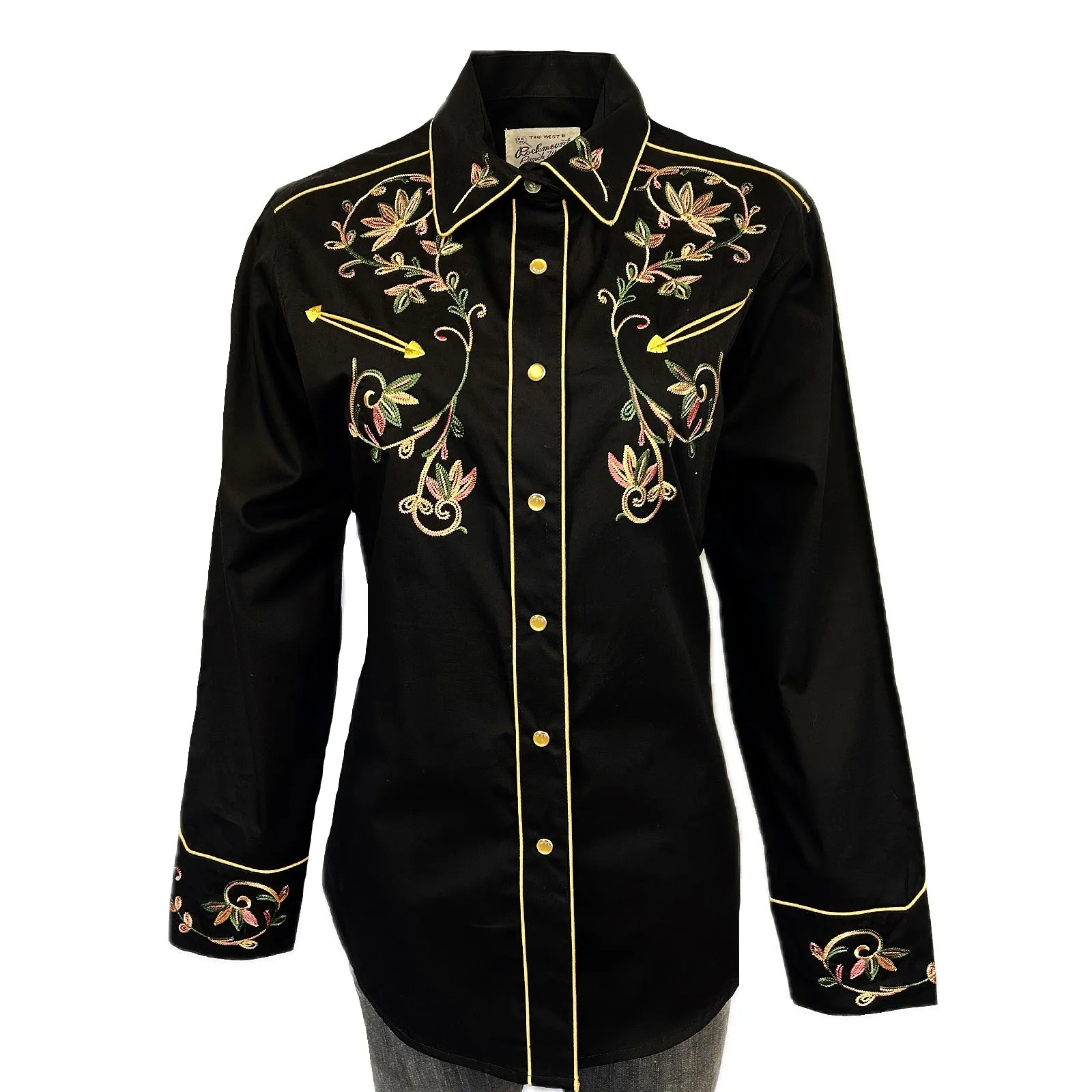 Women's Vintage Black Variegated Floral Embroidered Western Shirt